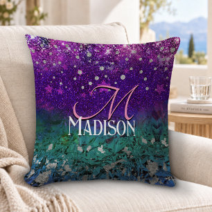 Coussin Joli monogramme ombré pailleté bleu violet