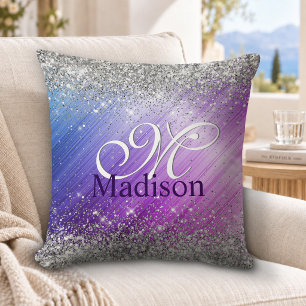 Coussin Joli monogramme pailleté argent faux violet brossé