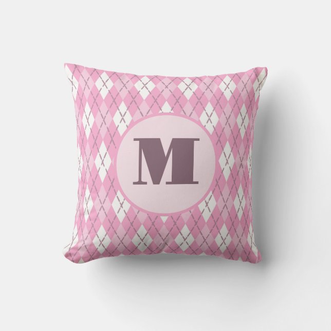 Coussin Joli monogramme personnalisé argyle rose preppy (Recto)