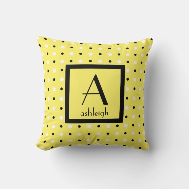 Coussin Joli Monogramme personnalisé, Jaune avec Pois (Recto)