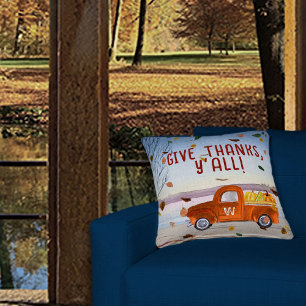 Coussin Joli Monogramme Thanksgiving Orange Truck Citrouil