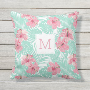Coussin Joli monogramme tropical d'Hibiscus rose floral