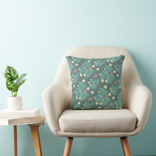 Coussin Joli motif bleu de feuilles et de baies botaniques