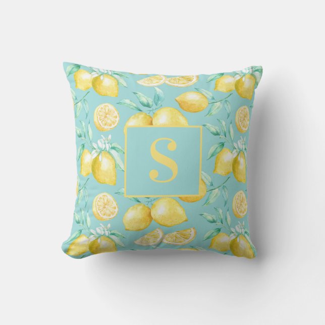 Coussin Joli motif de citron jaune féminin avec monogramme (Recto)