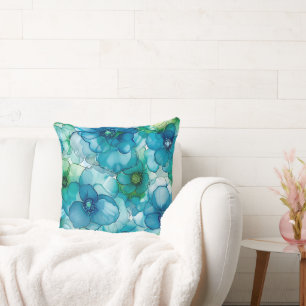 Coussin Joli Motif de fleurs d'Art Liquide Bleu & Vert