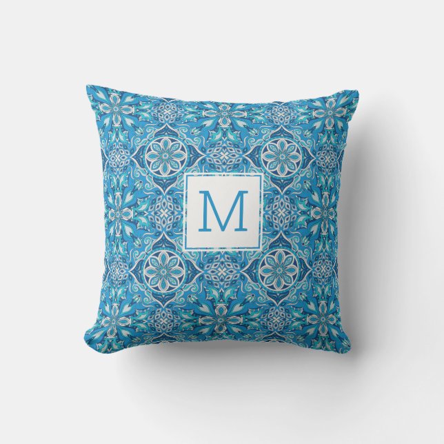 Coussin Joli motif floral bleu Mosaïque géométrique bleu (Recto)