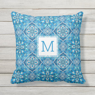 Coussin Joli motif floral bleu Mosaïque géométrique bleu