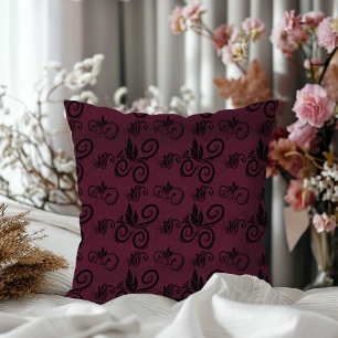 Coussin Joli motif floral noir vintage couleur bordeaux fo