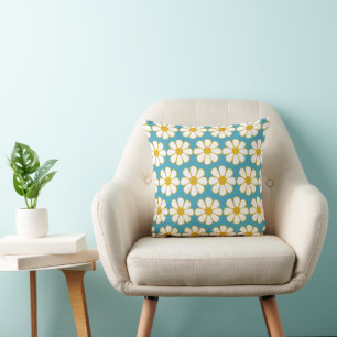 Coussin Joli motif floral rétro bleu et moutarde