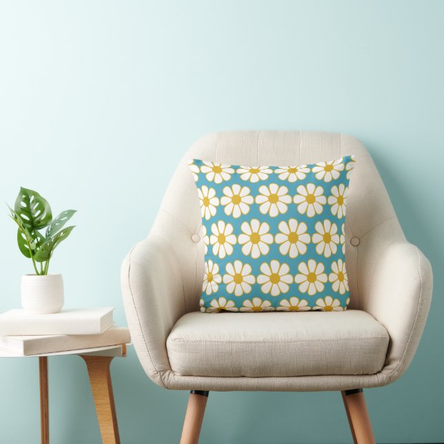 Coussin Joli motif floral rétro bleu et moutarde (Chaise)