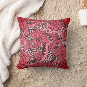 Coussin Joli motif imprimé floral noir léopard rose