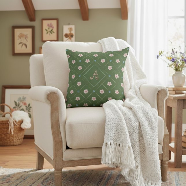 Coussin Joli Motif Plaid Rose Et Bleu Sur Vert (Créateur téléchargé)