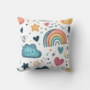 Coussin Joli Motif Rainbow Doodle avec nuages et étoiles