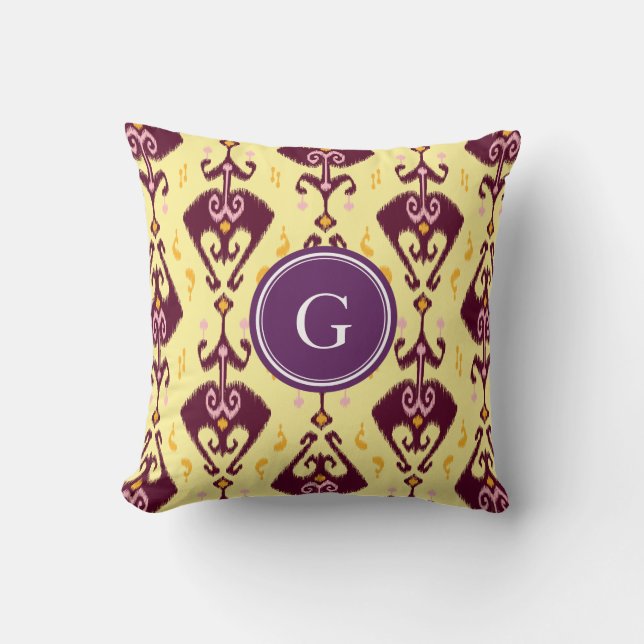 Coussin Joli motif tribal ikat violet jaune monogramme (Recto)