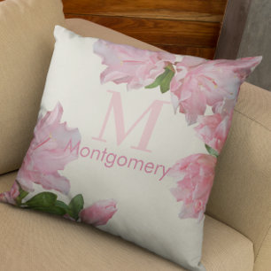 Coussin Joli nom de monogramme rose floral ivoire