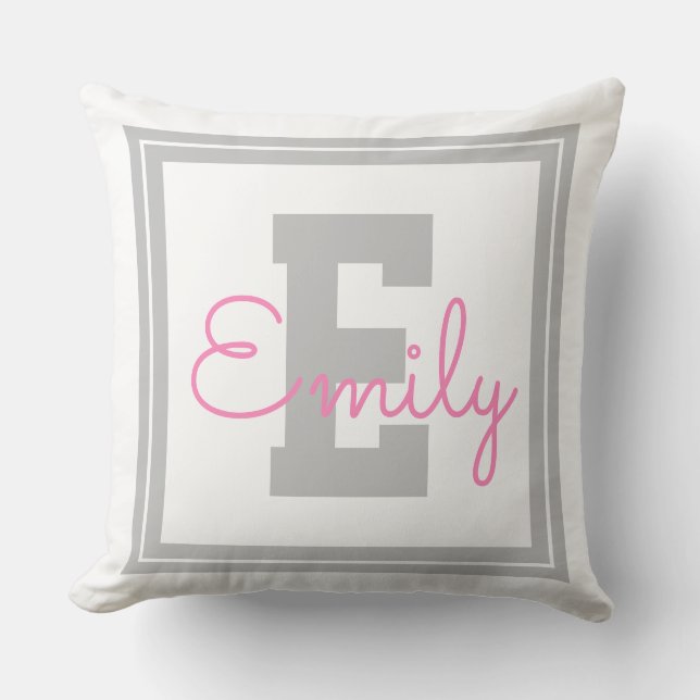 Coussin Joli nom encadré & monogramme | Gris clair & Rose (Recto)