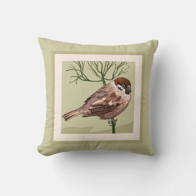 Coussin Joli Oiseau Peint (Carolina Wren) sur Taupe (Recto)