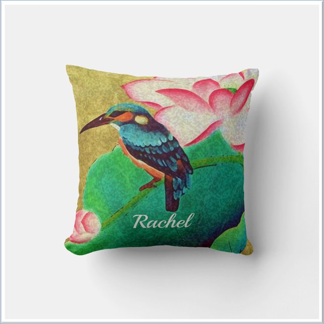 Coussin Joli Oiseau Vert & Fleur (Bookmark my store! https://www.zazzle.com/store/capricepetit)