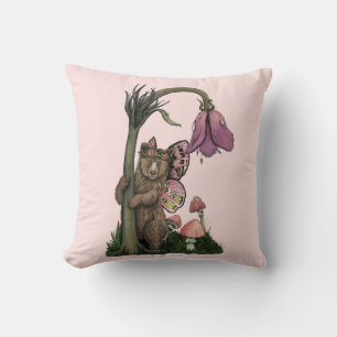Coussin Joli Ours Brun Rose Fée dans une Forêt Enchantée 