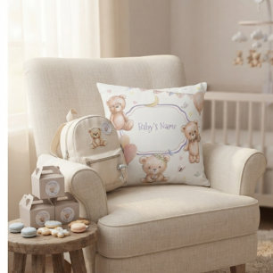 Coussin Joli ours en peluche pastel violet étoiles ballons