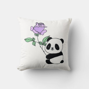Coussin Joli ours panda tenant une rose violette