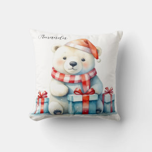 Coussin Joli ours polaire de Noël en aquarelle blanche