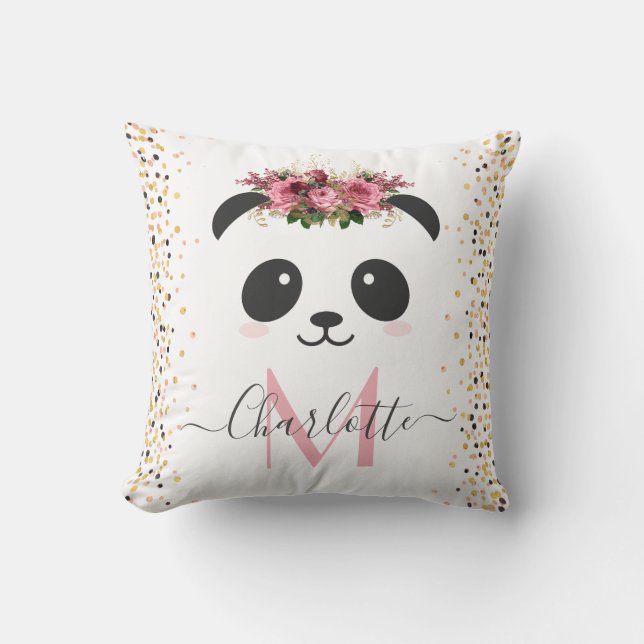 Coussin Joli panda fleuri monogramme personnalisé (Recto)