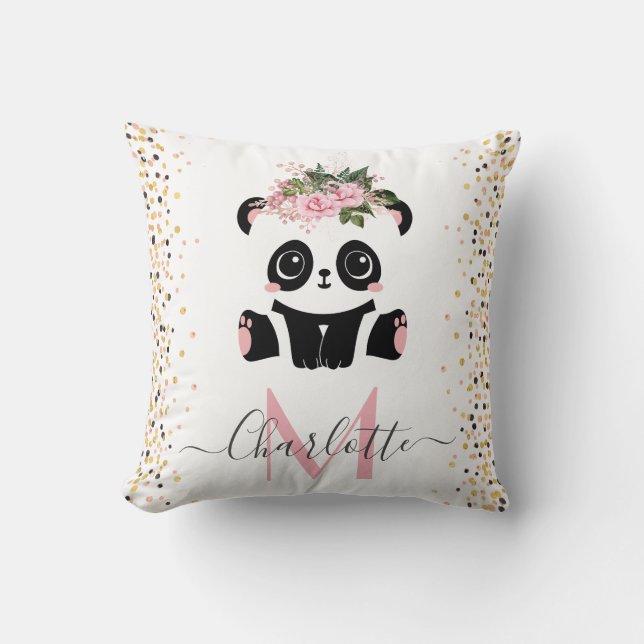 Coussin Joli panda fleuri monogramme personnalisé jeton pi (Recto)