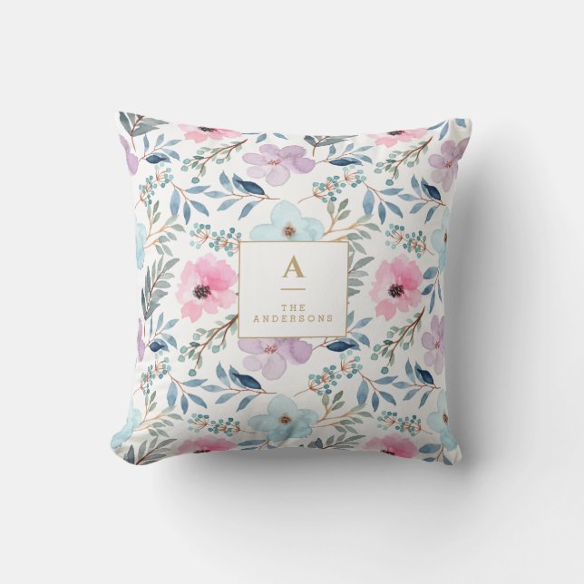 Coussin Joli Pastel Blue Aquarelle Fleurs Monogramme   (Recto)
