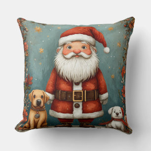 Coussin Joli Père Noël avec des chiens dans un cadre festi