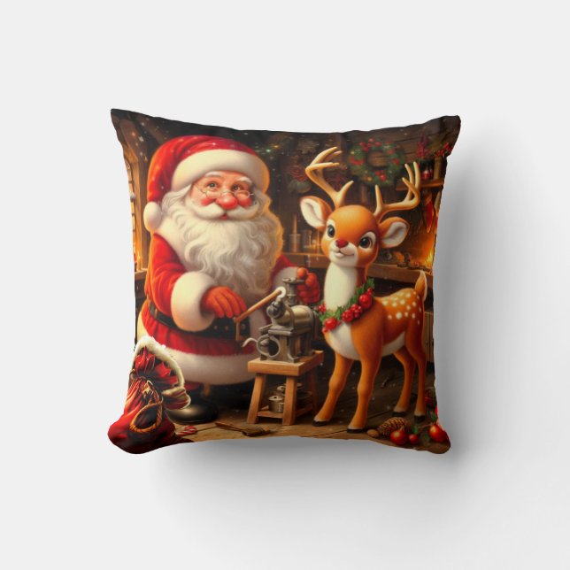 Coussin Joli Père Noël et rennes  (Recto)