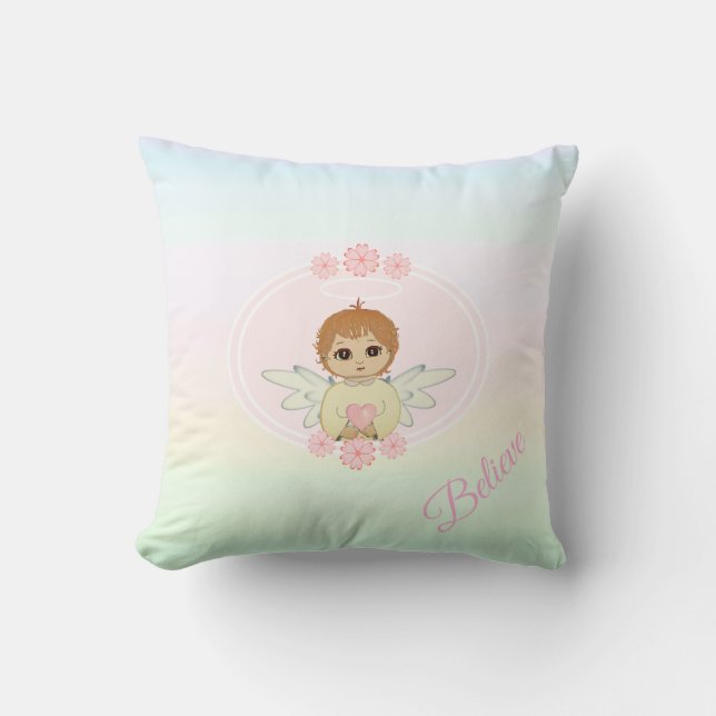 Coussin Joli petit ange et fleurs de cœur sur des tons pas (Recto)