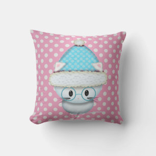 Coussin Joli Petit Chaton en Chapeau d'Hiver à Points