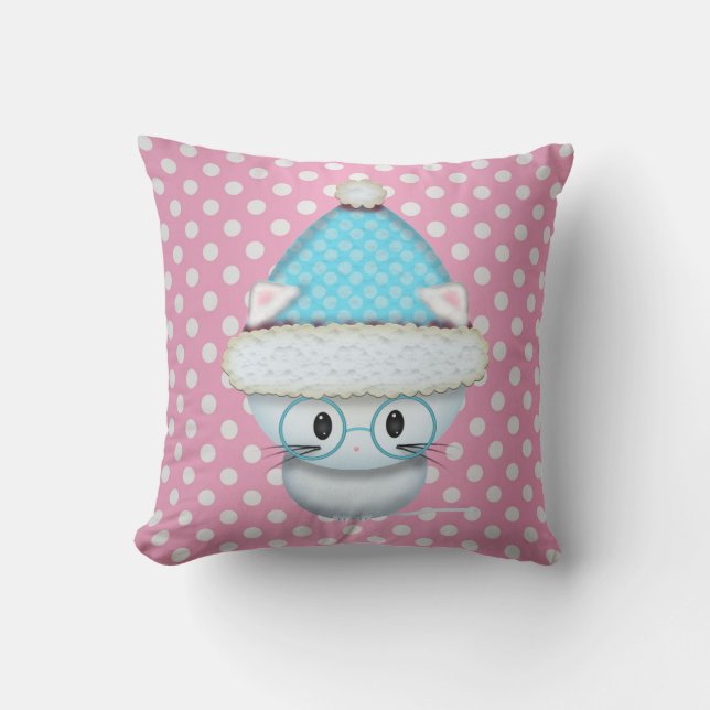 Coussin Joli Petit Chaton en Chapeau d'Hiver à Points (Recto)