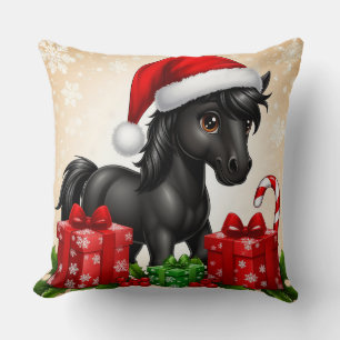 Coussin Joli petit poney noir avec un chapeau de Père Noël