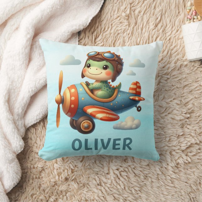 Coussin Joli Pilote Trex Dinosaure Pilotant un Avion Bleu (Couverture)