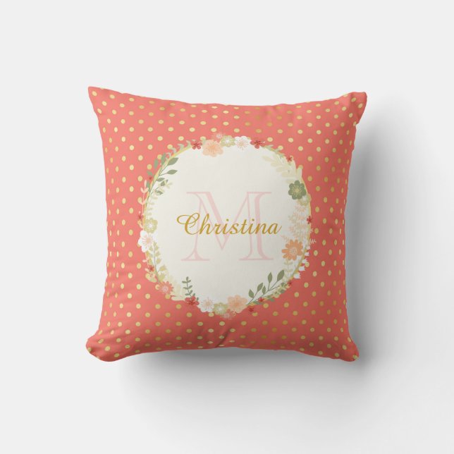 Coussin Joli Poeach Polka Dot Nom floral et Monogramme (Recto)