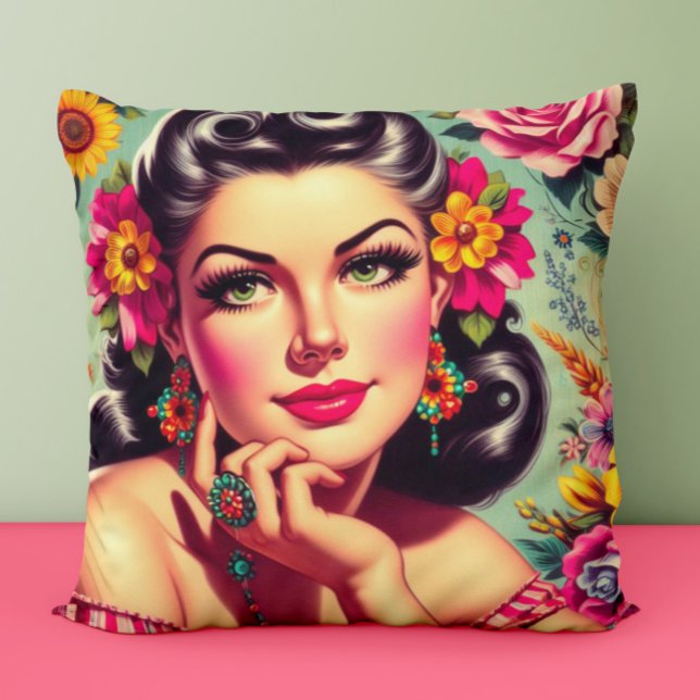 Coussin Joli portrait pin-up floral rétro (Créateur téléchargé)