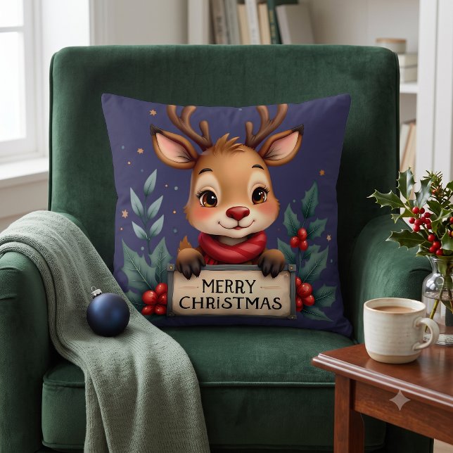 Coussin Joli renne de Noël avec houx et panneau (Cute Christmas Reindeer with Holly and Sign Throw Pillow)