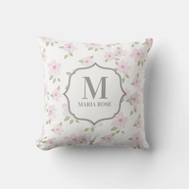 Coussin Joli rose Élégant Simple Floral Monogramme (Recto)