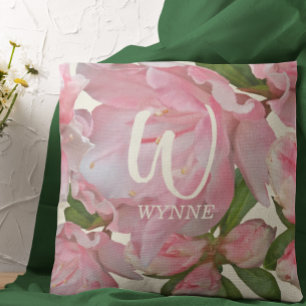 Coussin Joli rose floral photo ivoire Nom Monogramme