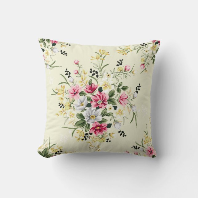 Coussin joli rose gris et jaune fleurs avec congé vert (Recto)