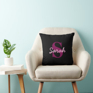 Coussin Joli script de monogramme personnalisable rose et
