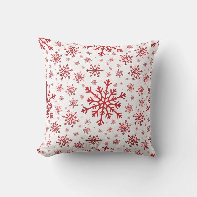 Coussin Joli Snowflakes rouge de Noël en blanc d'hiver (Recto)