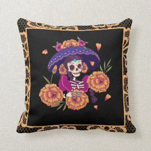Coussin Joli squelette floral crâne et dentelle orange got