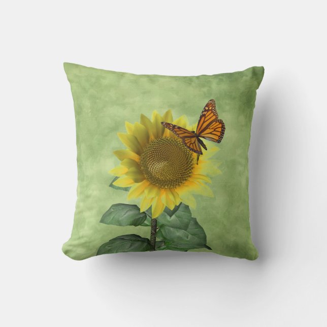 Coussin Joli tournesol jaune et papillon orange (Recto)