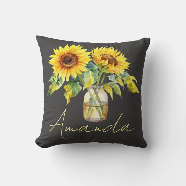 Coussin Joli Tournesol Jaune Noir Nom Minimaliste (Recto)