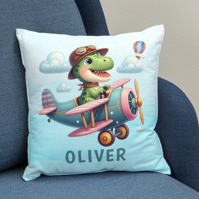 Coussin Joli Trex Dinosaure Pilotant un Avion Charmant (Créateur téléchargé)