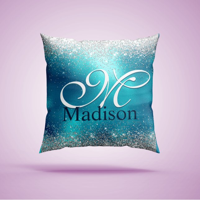 Coussin Joli turquoise argent faux parties scintillant mon (Créateur téléchargé)