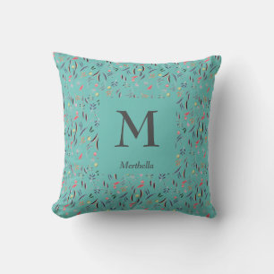 Coussin Joli   Turquoise FLORAL   Personnalisé   MONOGRAMM
